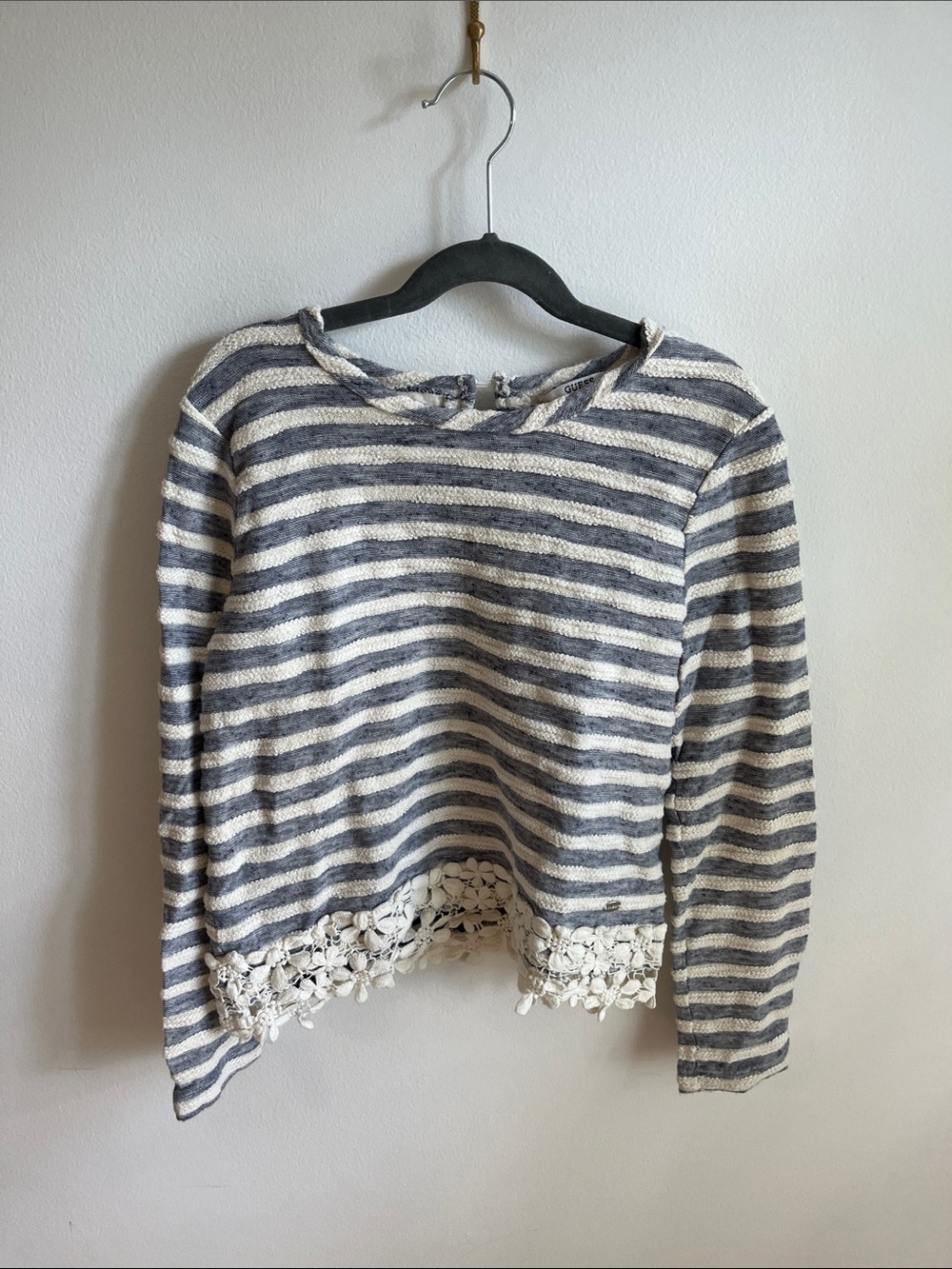 Guess Girls Striped Long Sleeve Top in Blue and White with Lace Trim
